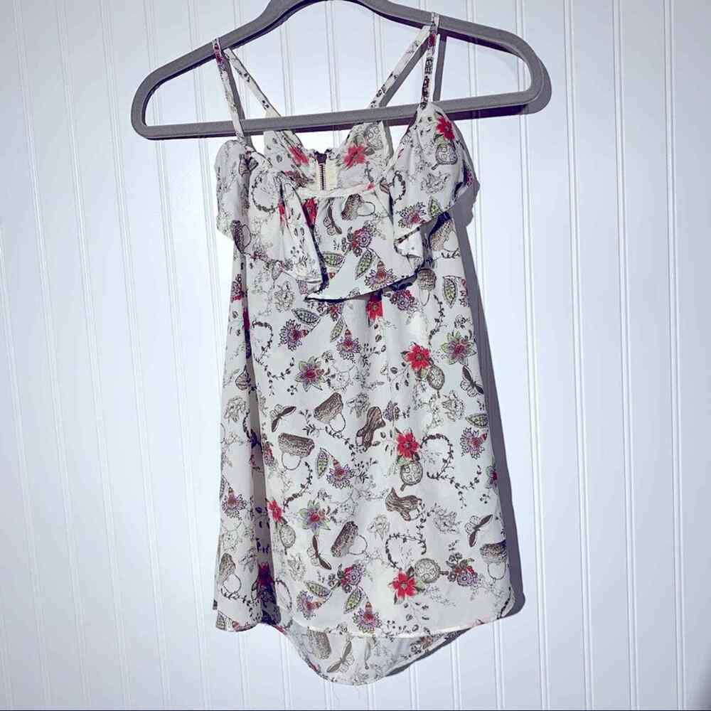 Kull Blouse Top Womens Small White Floral Sleeveless Silky Racerback Ruffles